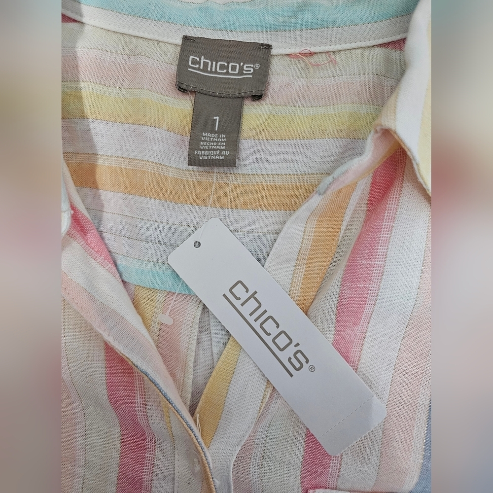 Chico's Linen Blend Women's 3/4 Sleeves Summer Rainbow Stripes Shirt Sz 1 (M) - Picture 4 of 6
